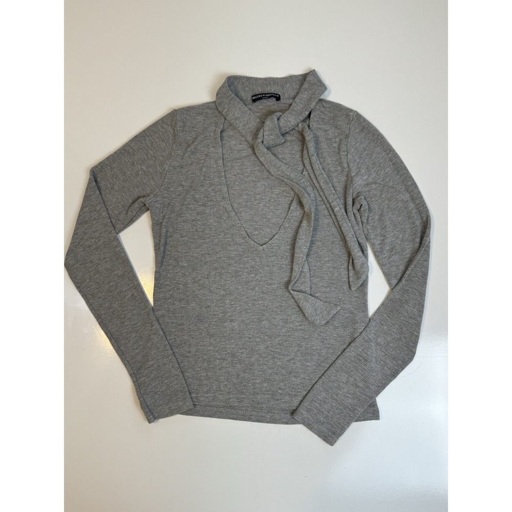 Brandy Melville Rubbed Top Long Sleeve Tie Neck One Size Gray Stretchy Soft